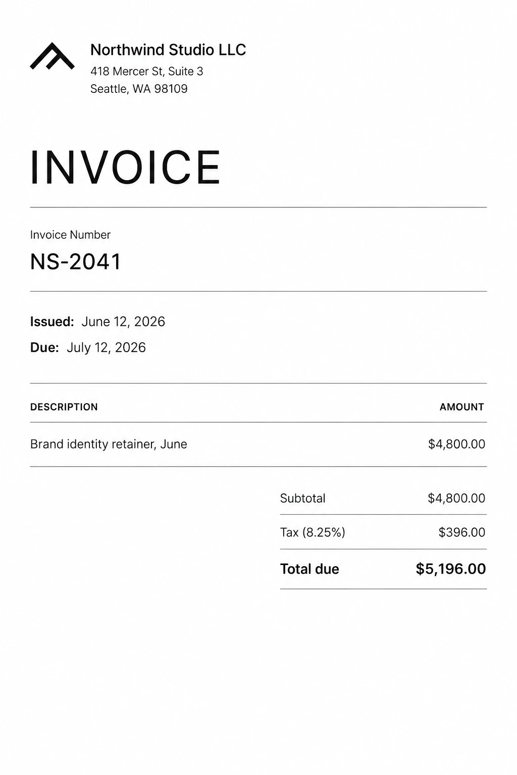 Example service invoice extracted and verified by InvoiceJet, with vendor, dates, and totals